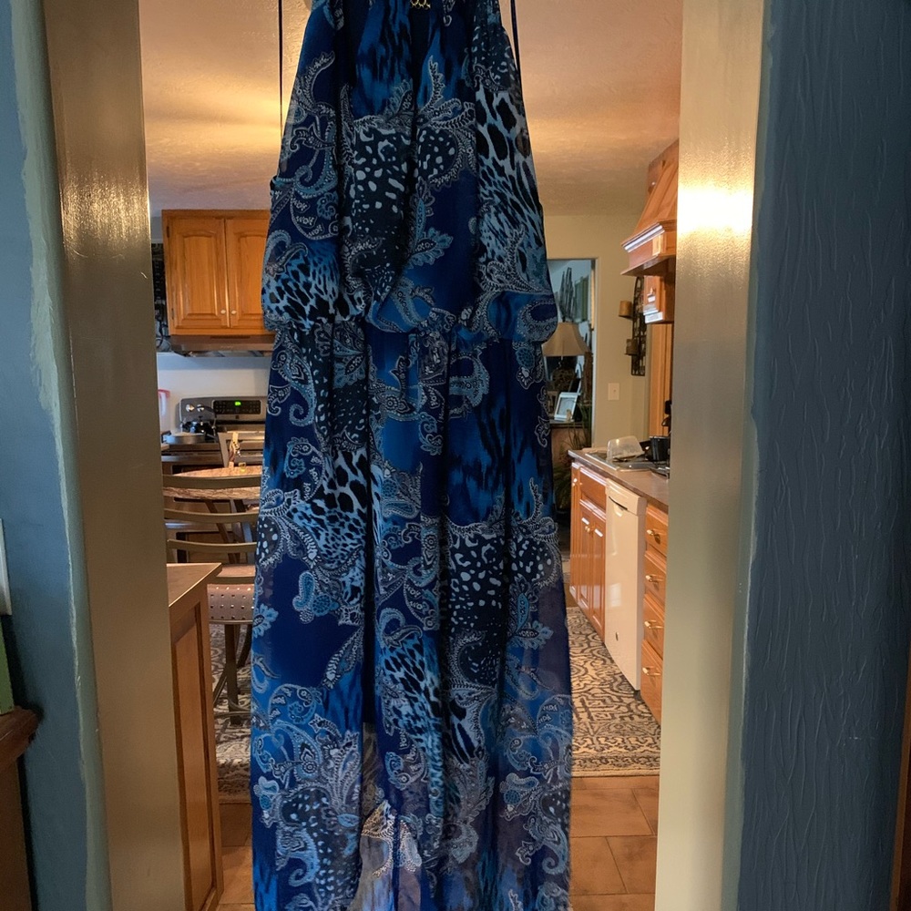 Thalia Sodi navy blue Maxi dress with gold chain